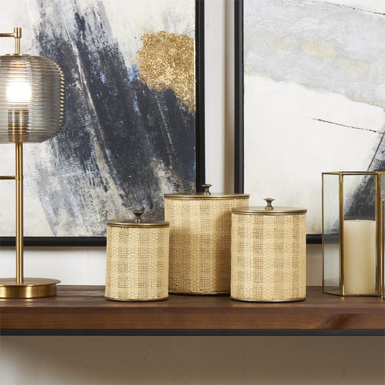 Metal Woven Decorative Jars Set with Gold Lids