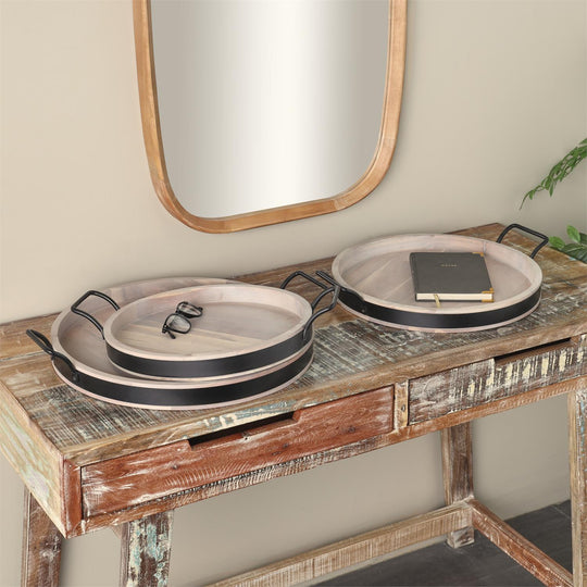 Mango Wood Nesting Tray Set with Metal Handles