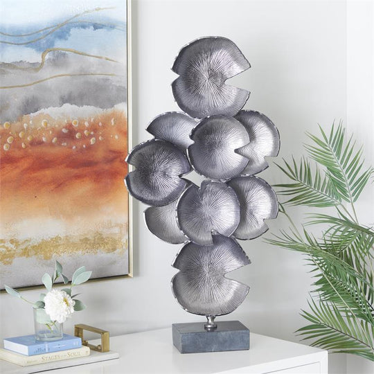 Vertical Layered Metal Lily Pads Sculpture with Black Base
