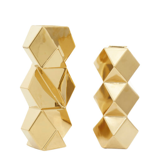 Hexagonal Faceted Metallic Vase Set