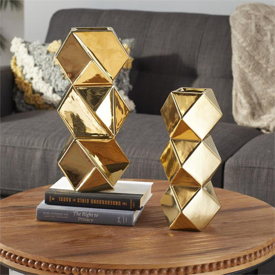 Hexagonal Faceted Metallic Vase Set
