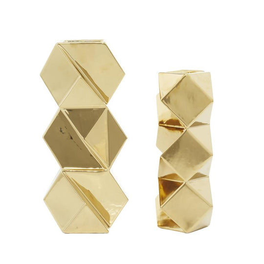 Hexagonal Faceted Metallic Vase Set