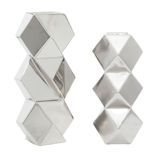Hexagonal Faceted Metallic Vase Set