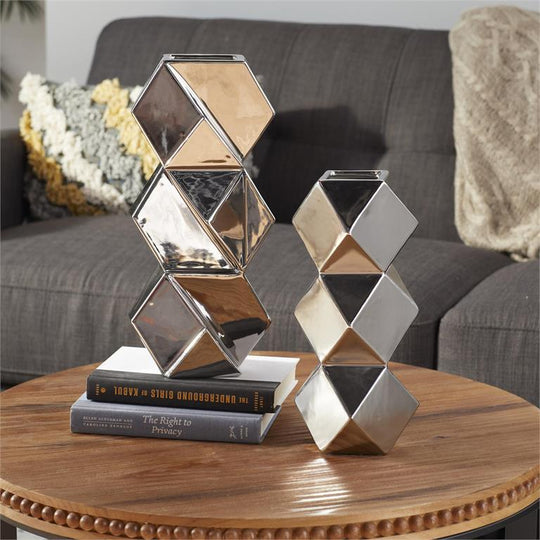 Hexagonal Faceted Metallic Vase Set