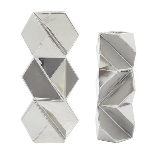 Hexagonal Faceted Metallic Vase Set