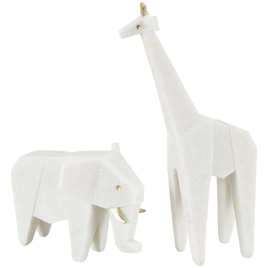 Elephant & Giraffe Origami Inspired Sculpture Set with Gold Accents