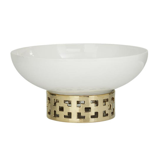 Wide Ceramic Geometric Decorative Bowl with Gold Base