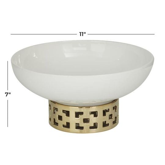 Wide Ceramic Geometric Decorative Bowl with Gold Base