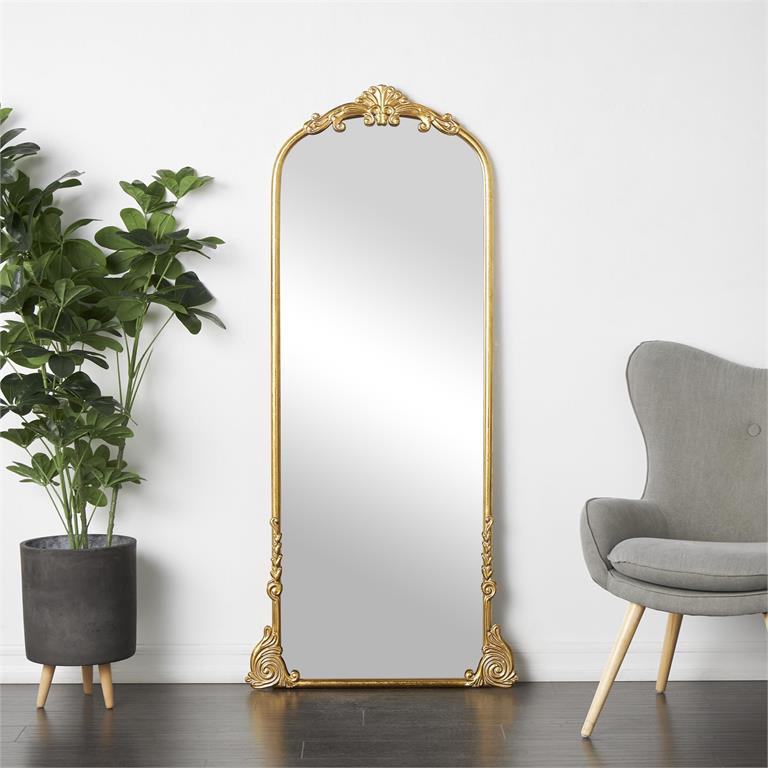 Metal Ornate Arched Baroque Floor Mirror, 66"