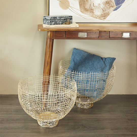 Large Decorative Metal Basket Set, Cross Hatch Design