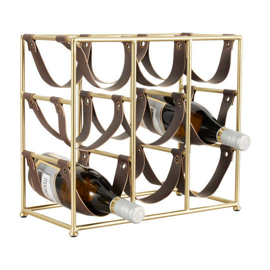 Metal and Leather Countertop Wine Rack, 9 Bottles