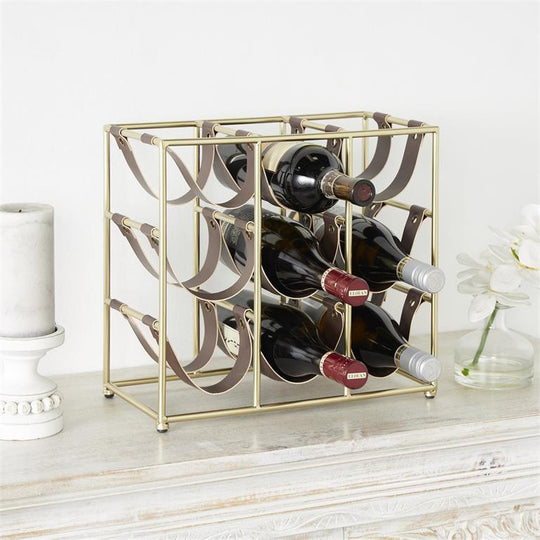 Metal and Leather Countertop Wine Rack, 9 Bottles