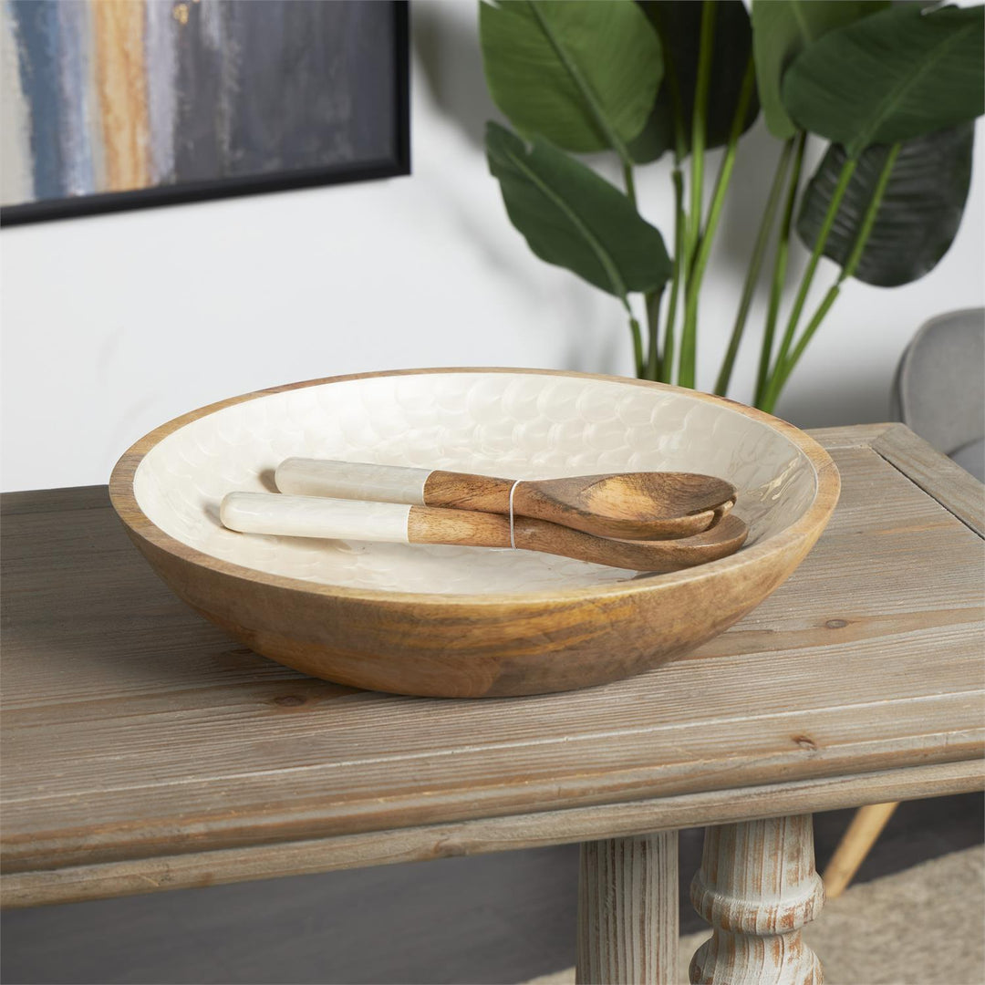 Enamel Dipped Mango Wood Decorative Bowl Set with Serving Utensils