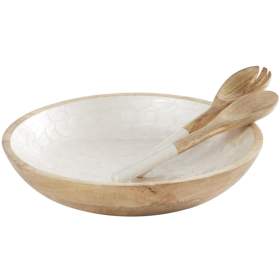 Enamel Dipped Mango Wood Decorative Bowl Set with Serving Utensils