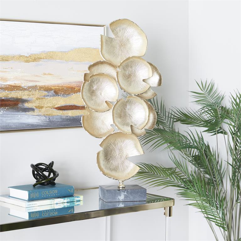 Vertical Layered Metal Lily Pads Sculpture with Black Base