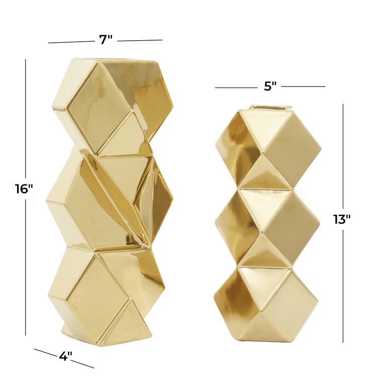 Hexagonal Faceted Metallic Vase Set