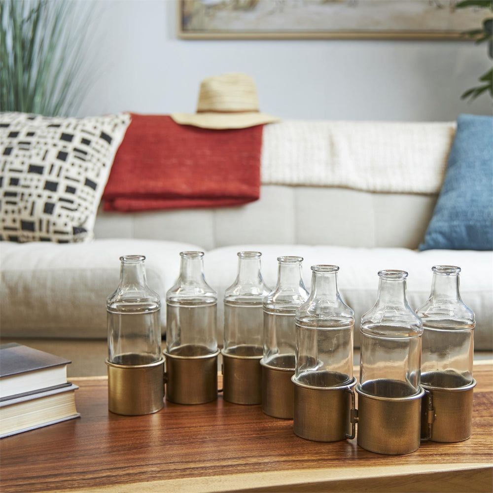 Linked Linear Metal Vase Set with Removable Glass Bottles