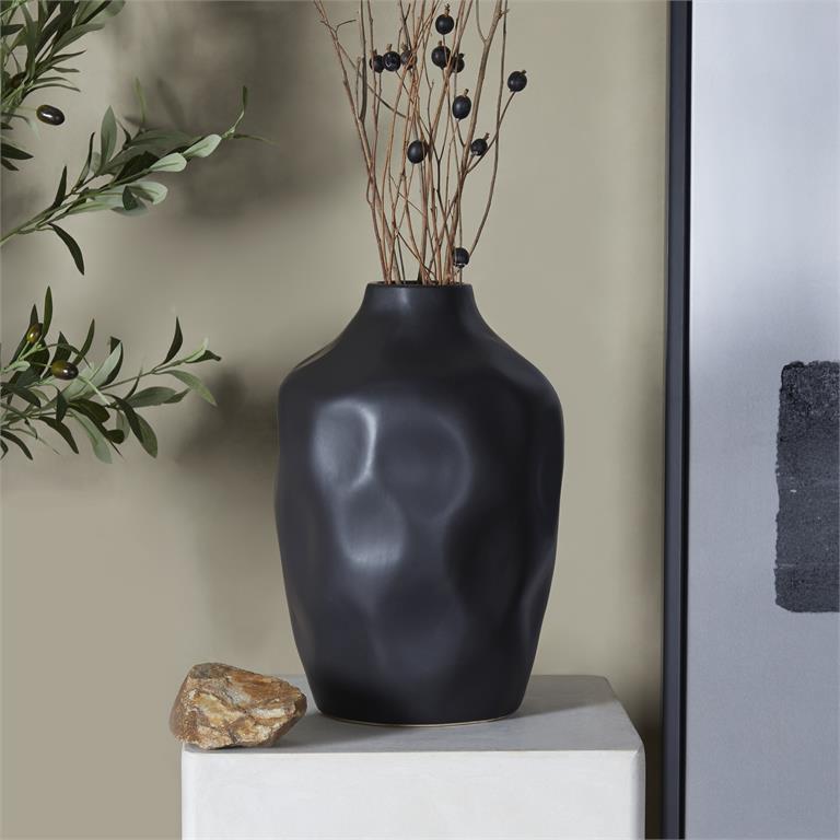 Molded Wide Faceted Ceramic Vase, 14"