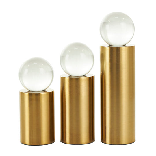 Glass Orb on Metal Cylindrical Post Sculptures Set