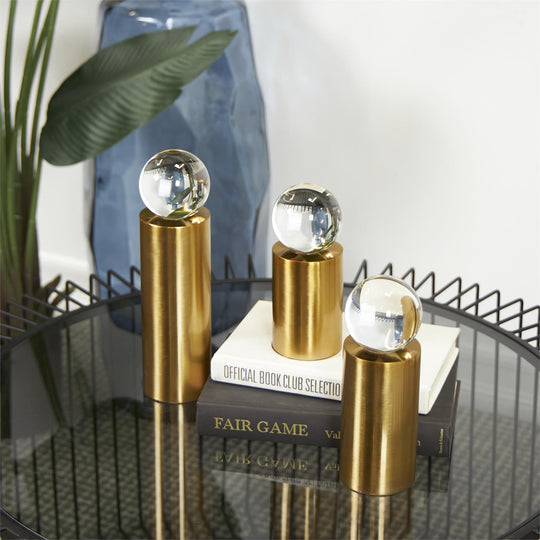 Glass Orb on Metal Cylindrical Post Sculptures Set