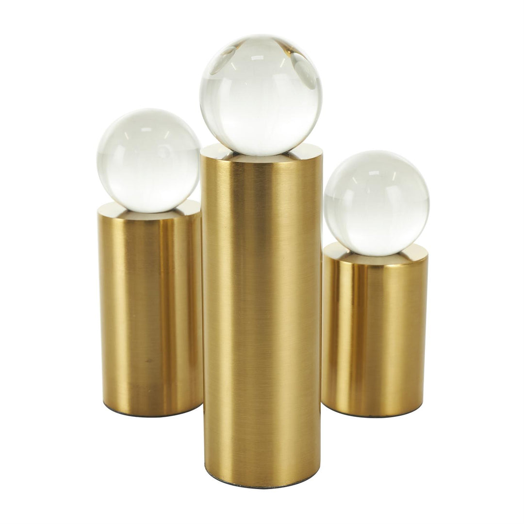 Glass Orb on Metal Cylindrical Post Sculptures Set