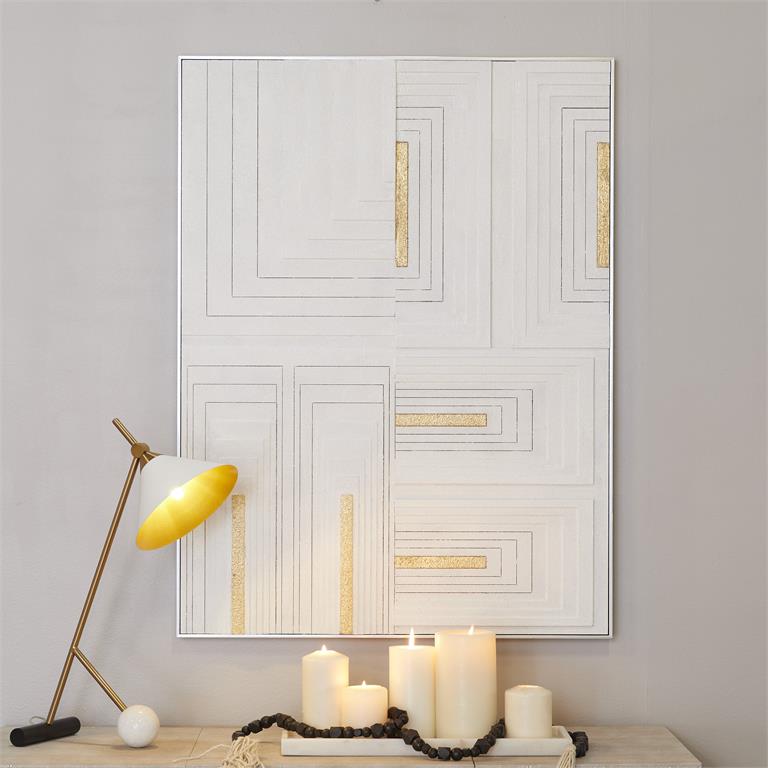 3D Carved Geometric Lines Canvas Framed Wall Art with Gold Accents
