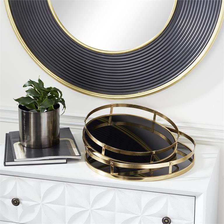 Round Metal Tray Set with Black Glass