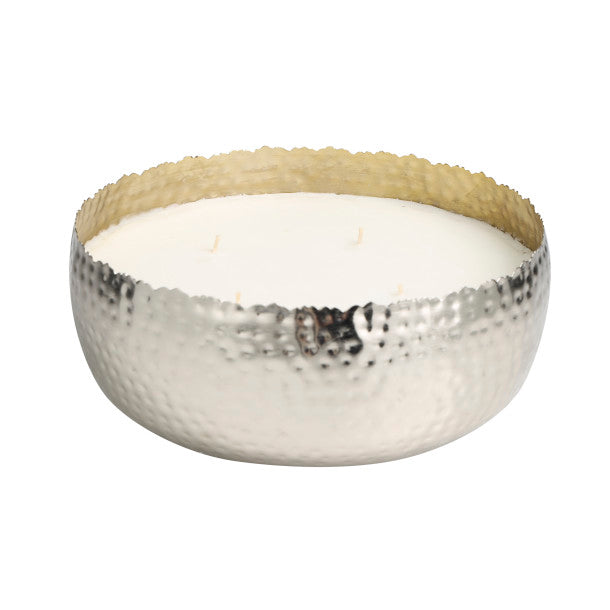 Large 4 Wick Scented Candle in Wide Hammered Metal Bowl, 90 oz