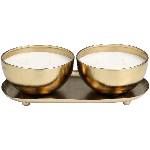 Scented Candle Set with Tray in Metal Bowls, 2 x 12 oz