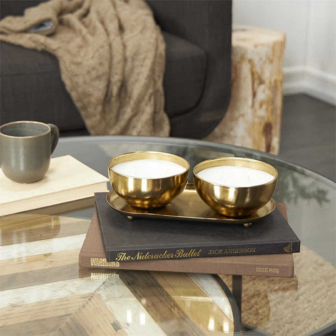 Scented Candle Set with Tray in Metal Bowls, 2 x 12 oz