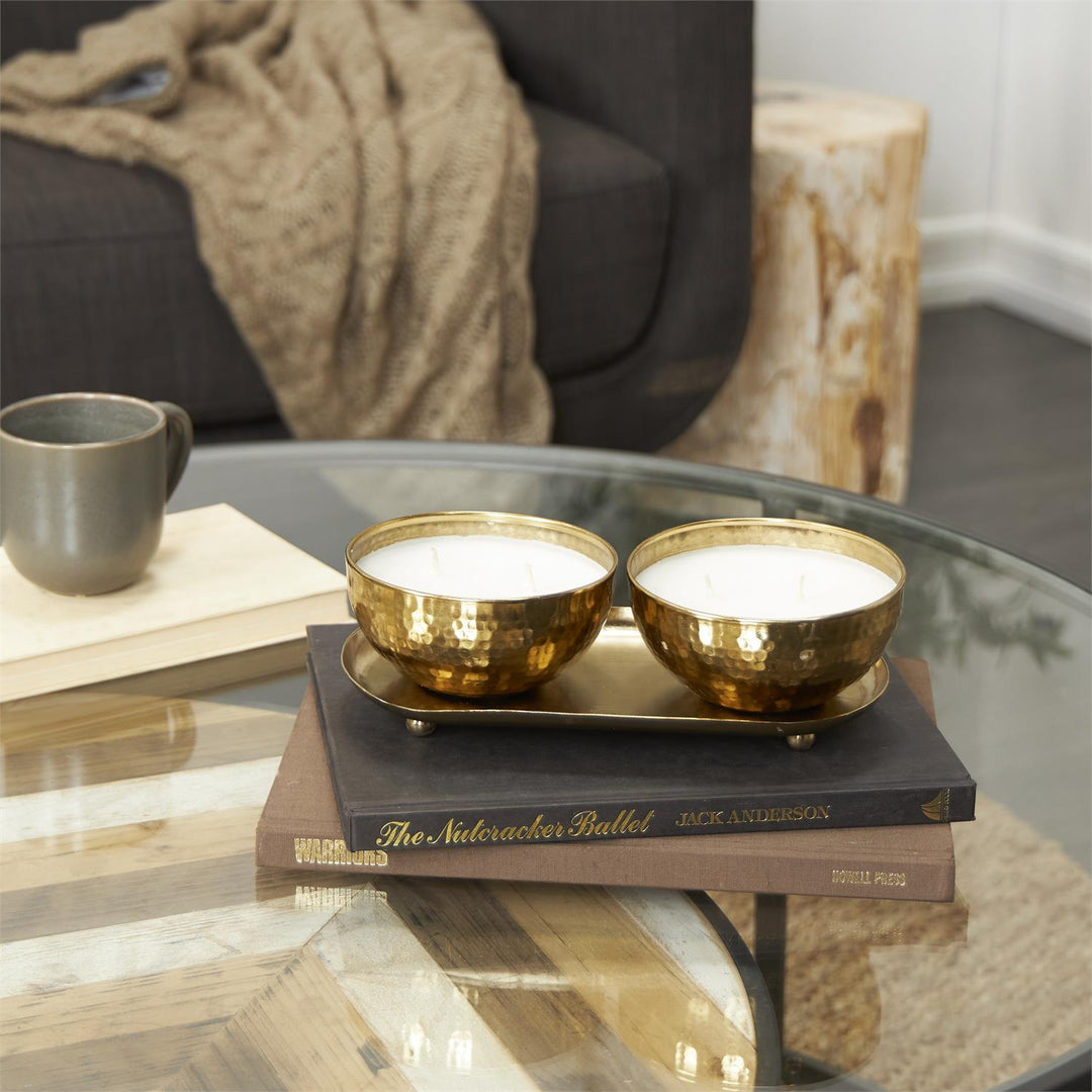 Scented Candle Set with Tray in Hammered Metal Bowls, 2 x 12 oz