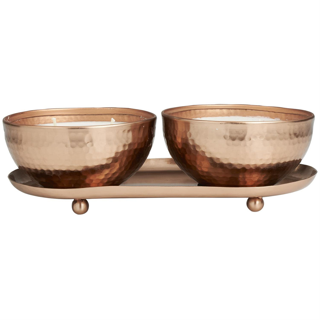 Scented Candle Set with Tray in Hammered Metal Bowls, 2 x 12 oz