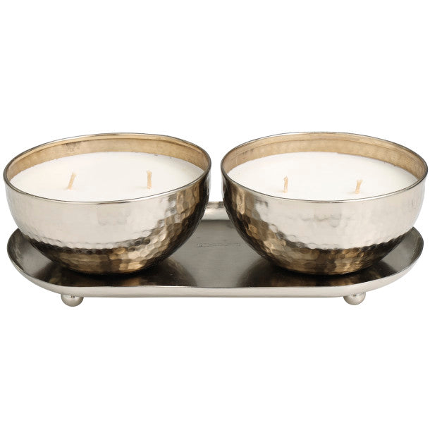 Scented Candle Set with Tray in Hammered Metal Bowls, 2 x 12 oz