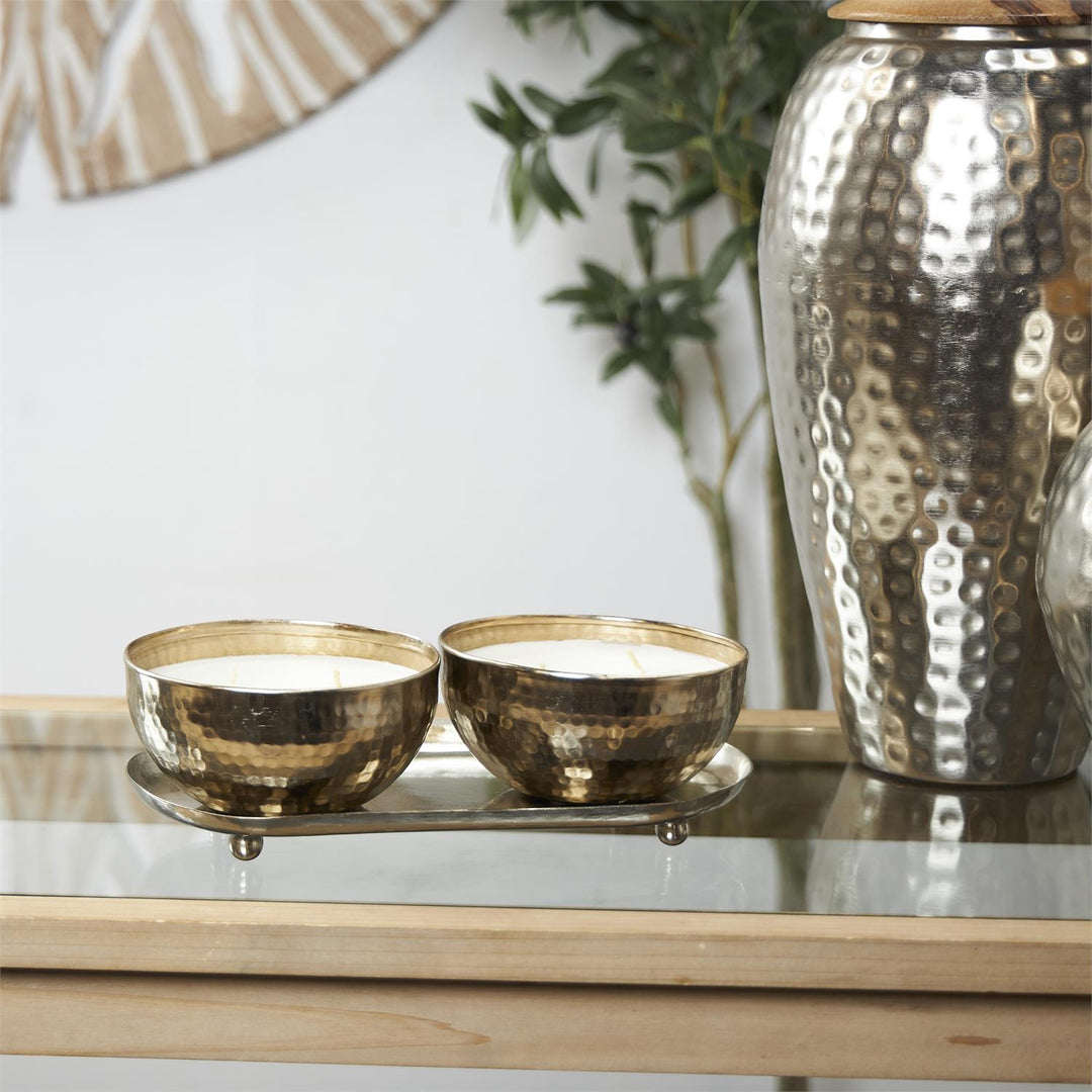 Scented Candle Set with Tray in Hammered Metal Bowls, 2 x 12 oz