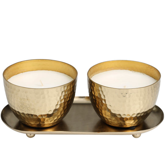 Scented Candle Set with Tray in Hammered Metal Bowls, 2 x 10 oz