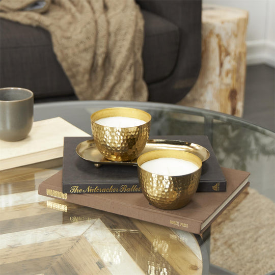 Scented Candle Set with Tray in Hammered Metal Bowls, 2 x 10 oz