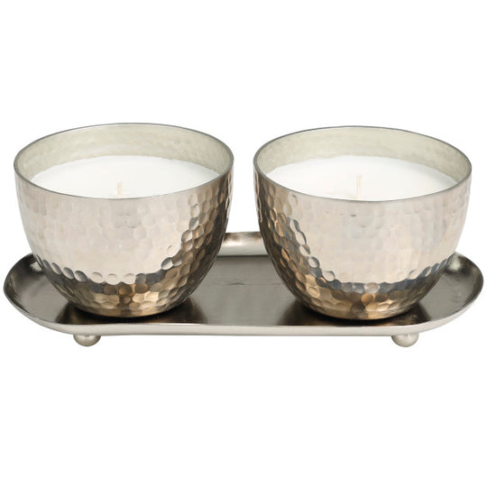 Scented Candle Set with Tray in Hammered Metal Bowls, 2 x 10 oz