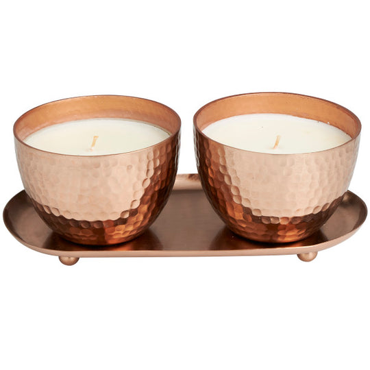 Scented Candle Set with Tray in Hammered Metal Bowls, 2 x 10 oz