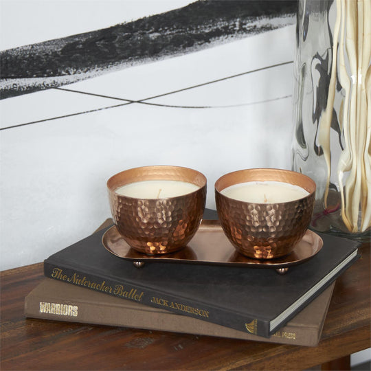 Scented Candle Set with Tray in Hammered Metal Bowls, 2 x 10 oz