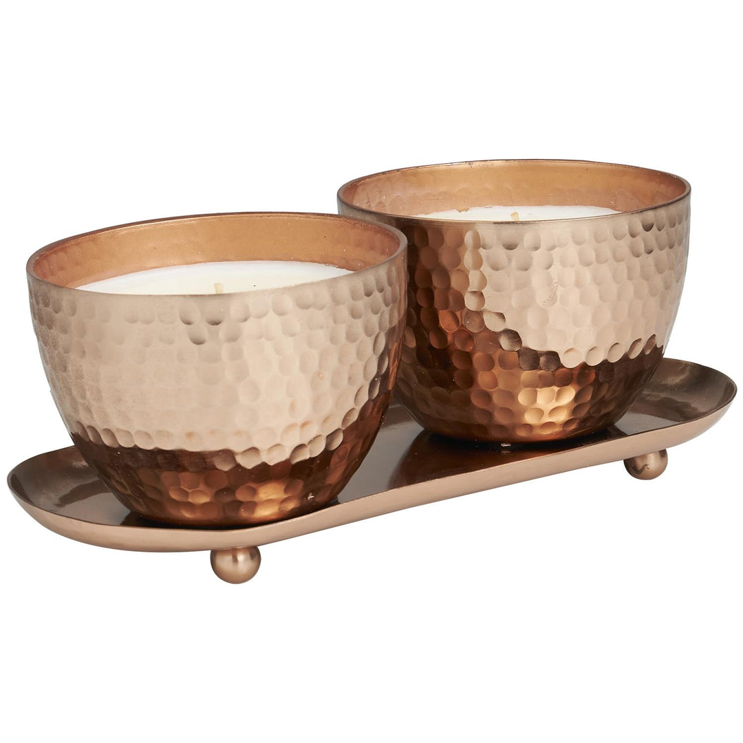 Scented Candle Set with Tray in Hammered Metal Bowls, 2 x 10 oz