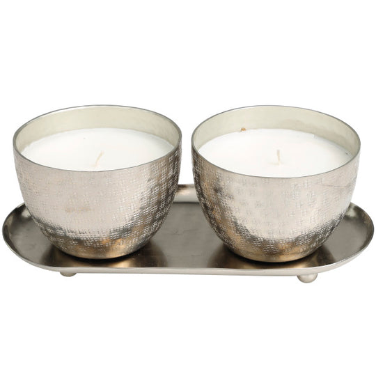 Scented Candle Set with Tray in Grid Patterned Metal Bowls, 2 x 10 oz