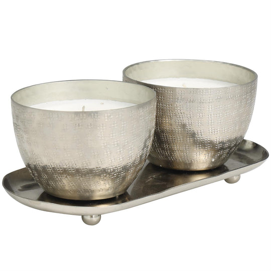 Scented Candle Set with Tray in Grid Patterned Metal Bowls, 2 x 10 oz