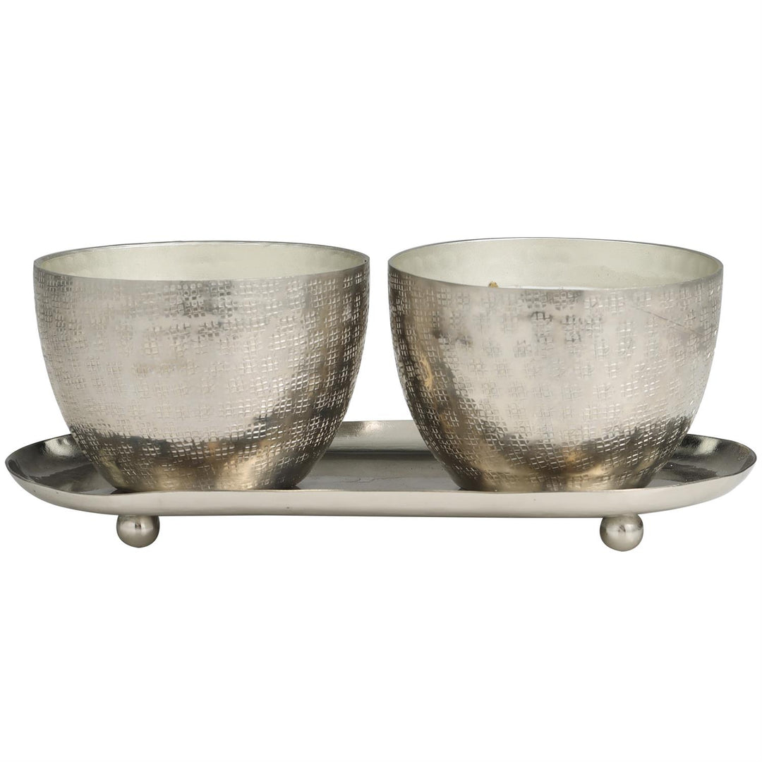 Scented Candle Set with Tray in Grid Patterned Metal Bowls, 2 x 10 oz