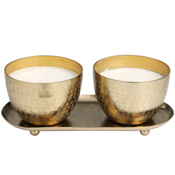 Scented Candle Set with Tray in Grid Patterned Metal Bowls, 2 x 10 oz