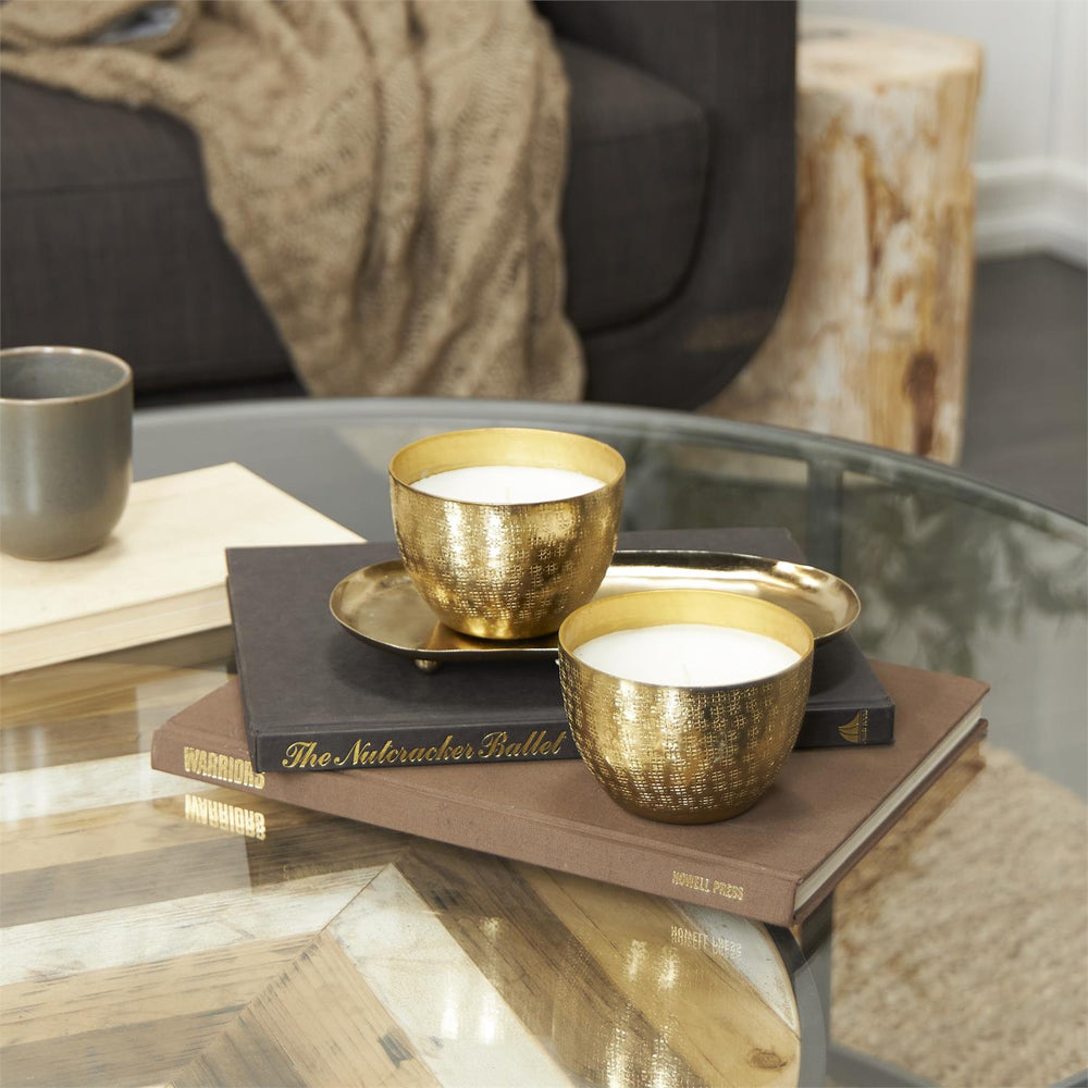 Scented Candle Set with Tray in Grid Patterned Metal Bowls, 2 x 10 oz