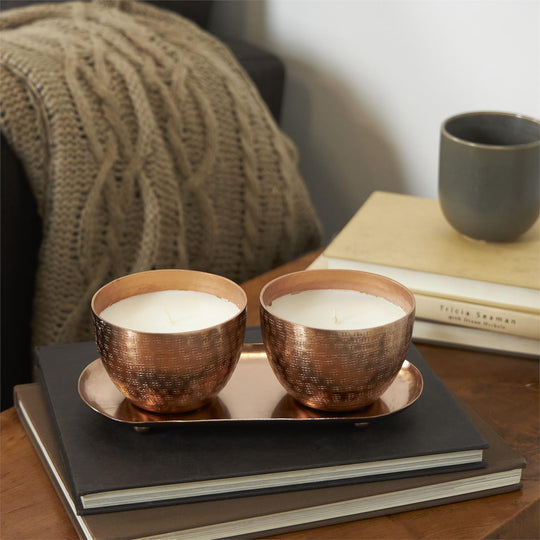 Scented Candle Set with Tray in Grid Patterned Metal Bowls, 2 x 10 oz