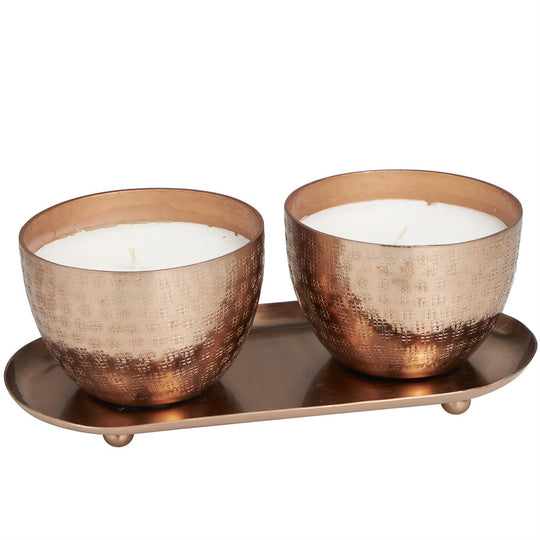 Scented Candle Set with Tray in Grid Patterned Metal Bowls, 2 x 10 oz