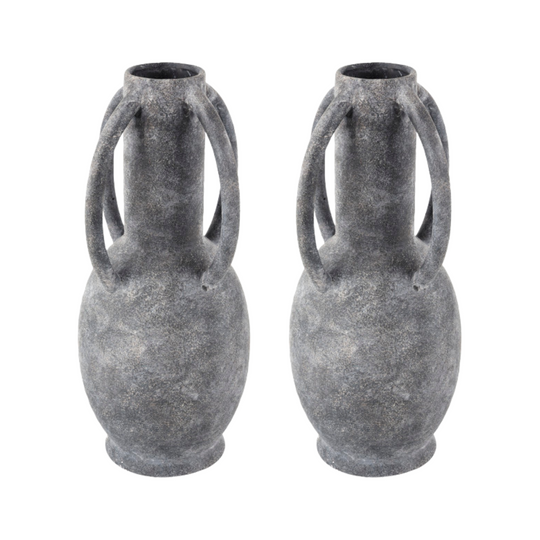 Ceramic Textured Whitewashed Vase Set with Handles