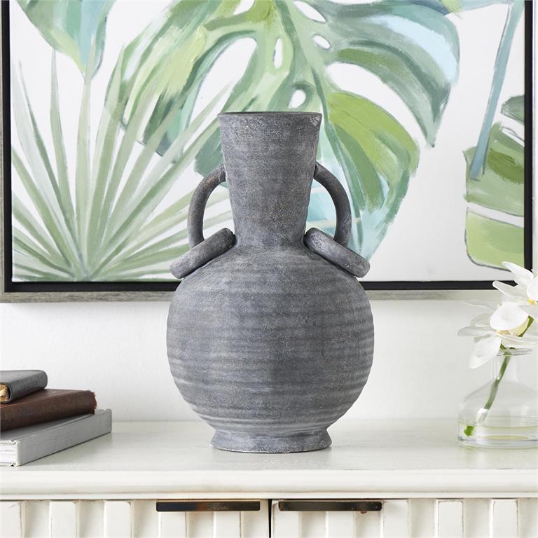Ceramic Textured Whitewashed Vase Set with Ring Handles
