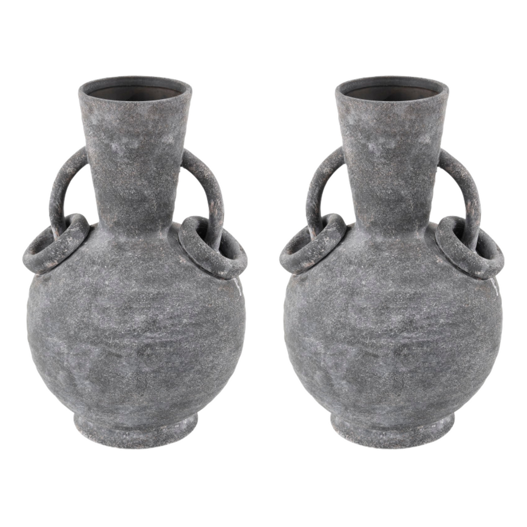 Ceramic Textured Whitewashed Vase Set with Ring Handles
